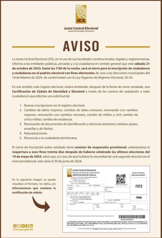 JCE informa a instituciones y personas físicas cierra padrón electoral este sábado